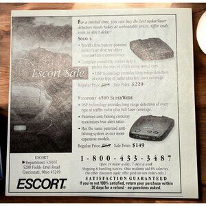 Escort Radar Laser Detector Sales Vintage Print Ad 1990s Solo 4 Passport 4500 Su